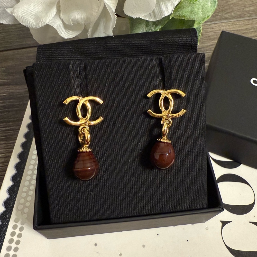 CHANEL 2023 Gold CC Red Bead Dangle Earrings
